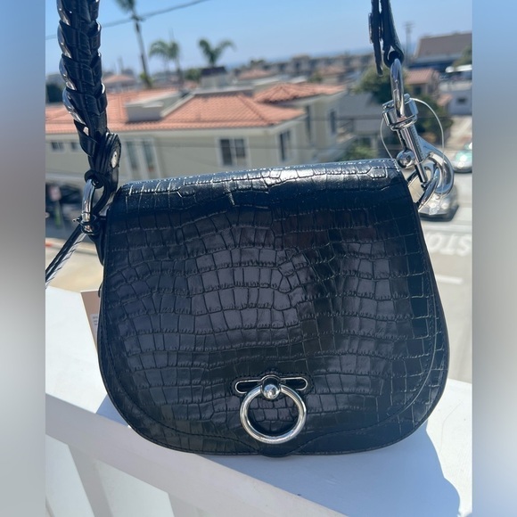 NWT Rebecca Minkoff small Jean black leather saddle bag croc embossed w/dustbag - Picture 1 of 12